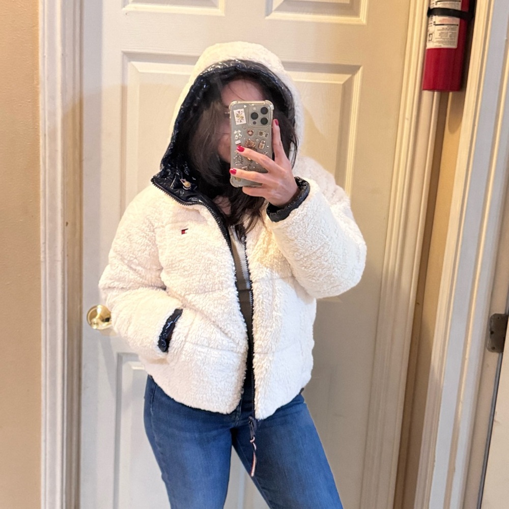 Tommy Hilfiger White Teddy Jacket with Dark Blue Trim